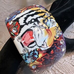 Bold Edgy Acrylic  Tiger Bangle Rhinestone Edging Colorful Dopamine